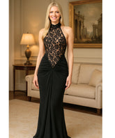 Comprar vestido festa longo preto renda gola alta frente única elegante formatura casamento convidada barato promoção ZARA